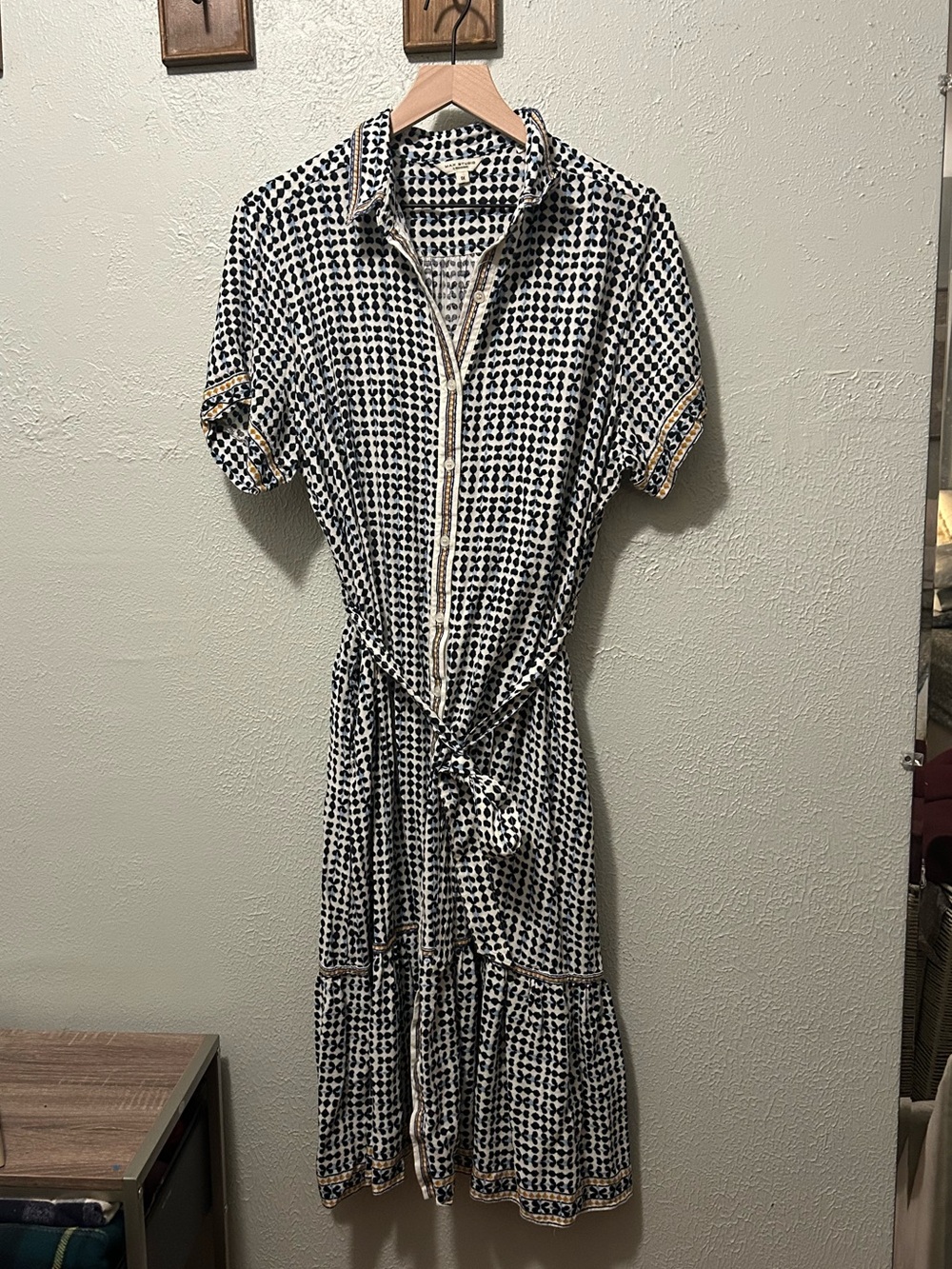 Max Studio Navy & White Printed Midi Shirt Dress with Tie